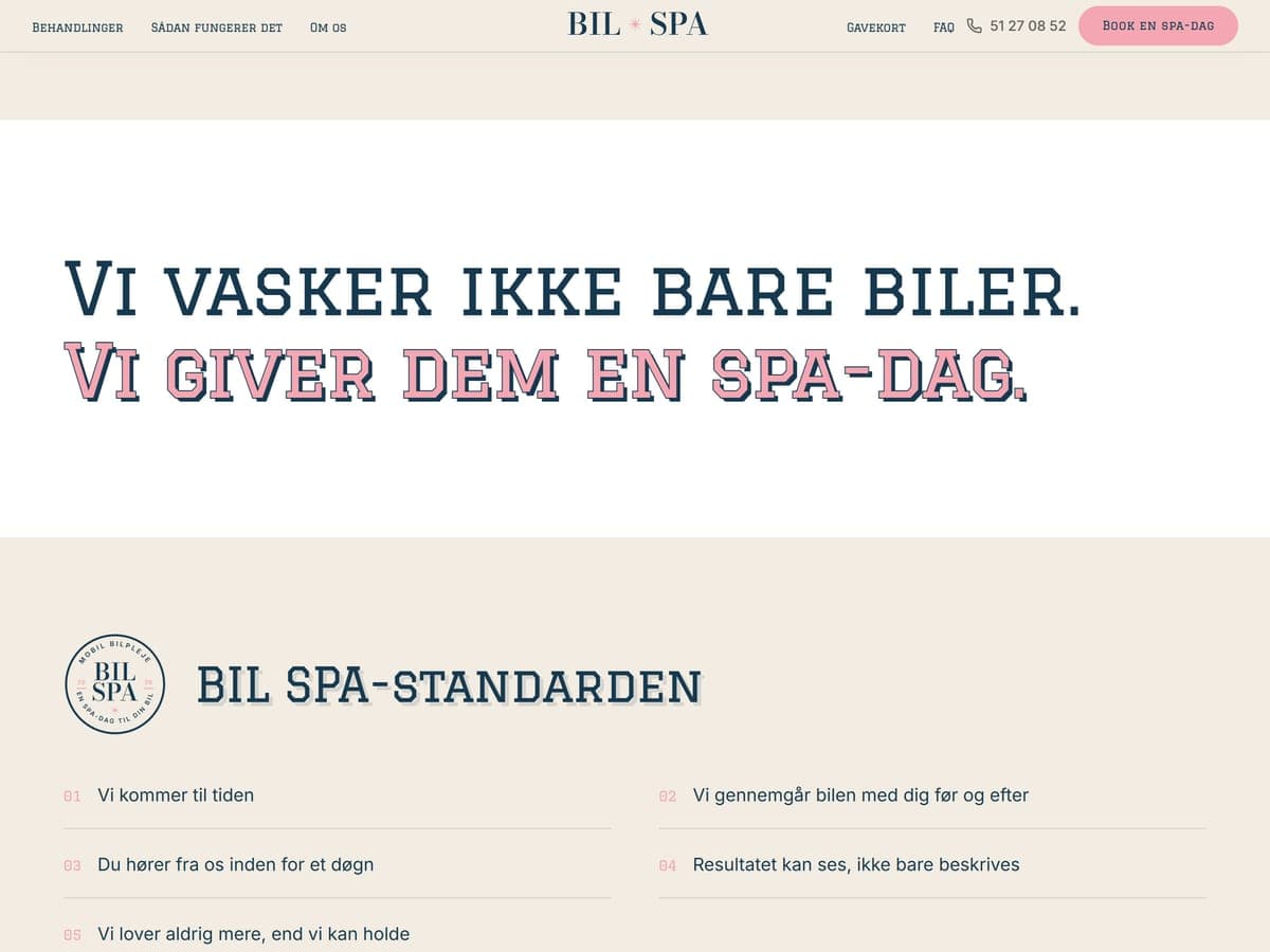 Forsiden på dinbilspa.dk med overskriften 'Vi vasker ikke bare biler. Vi giver dem en spa-dag.'